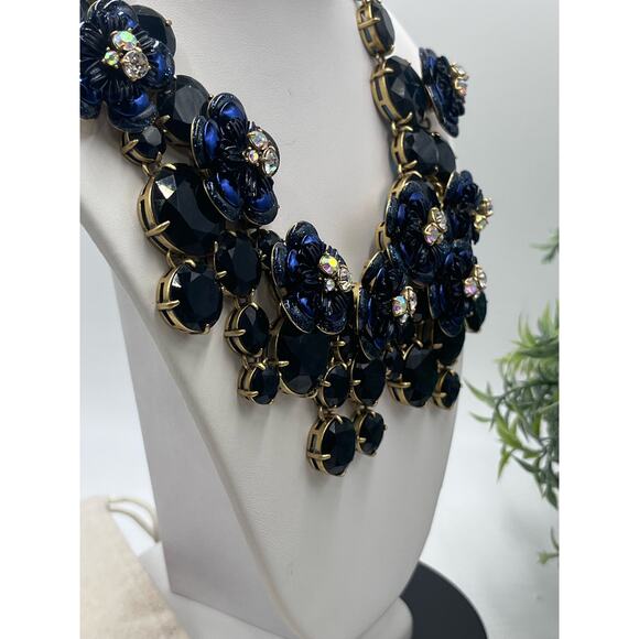 J. Crew Midnight Blue Glitter Floral Rhinestone Waterfall Statement Bib Necklace - Picture 11 of 16